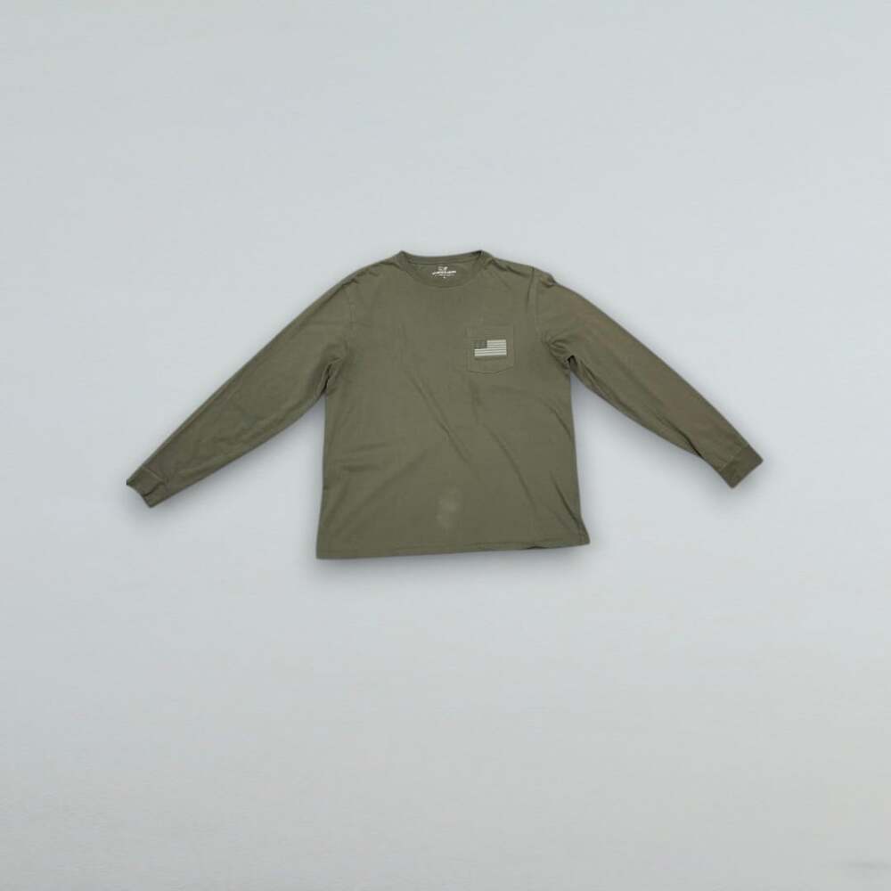 Men’s Olive Green American Flag Long Sleeve Pocket T-Shirt Large